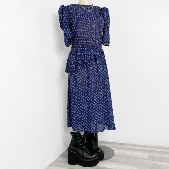 Vintage 80s 90s Grunge Sheer Puff Sleeve Floral Midi Dress Charlee Allison - Picture 1 of 10